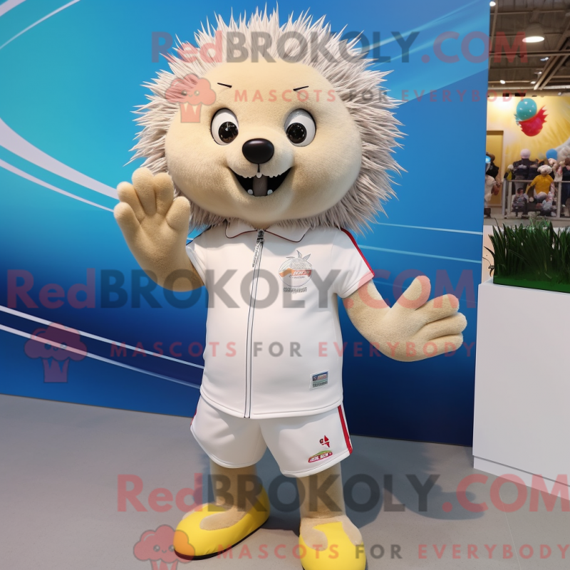 Mascot character of a Cream Porcupine dressed with a Board Shorts and Gloves Mascot character of a Cream Porcupine dressed with a Board Shorts and Gloves