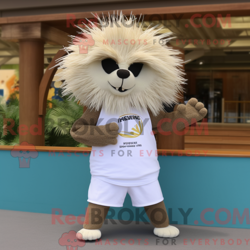 Mascot character of a Cream Porcupine dressed with a Board Shorts and Gloves Mascot character of a Cream Porcupine dressed with a Board Shorts and Gloves