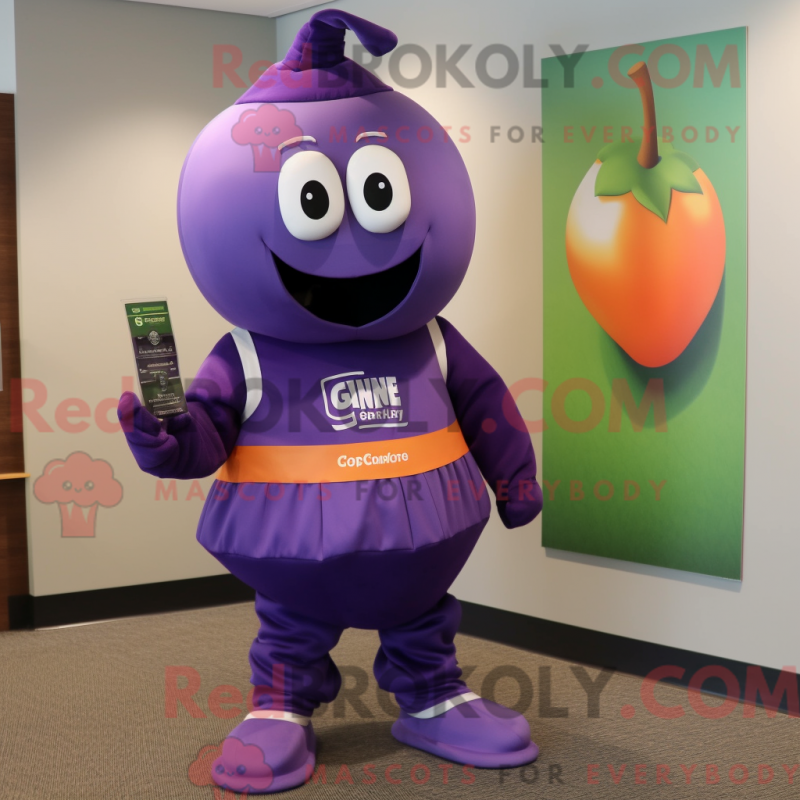 Mascot character of a Purple Grenade dressed with a Capri Pants and Cummerbunds Mascot character of a Purple Grenade dressed with a Capri Pants and Cummerbunds