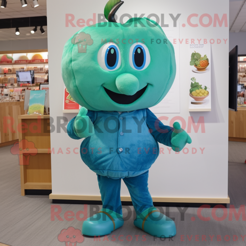 Mascot character of a Teal Apple dressed with a Overalls and Mittens Mascot character of a Teal Apple dressed with a Overalls and Mittens