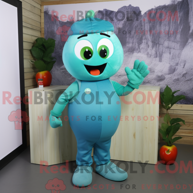 Mascot character of a Teal Apple dressed with a Overalls and Mittens Mascot character of a Teal Apple dressed with a Overalls and Mittens