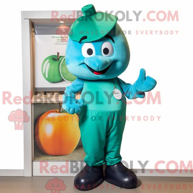 Mascot character of a Teal Apple dressed with a Overalls and Mittens Mascot character of a Teal Apple dressed with a Overalls and Mittens