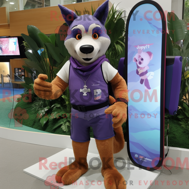Mascot character of a Purple Dingo dressed with a Board Shorts and Smartwatches Mascot character of a Purple Dingo dressed with a Board Shorts and Smartwatches