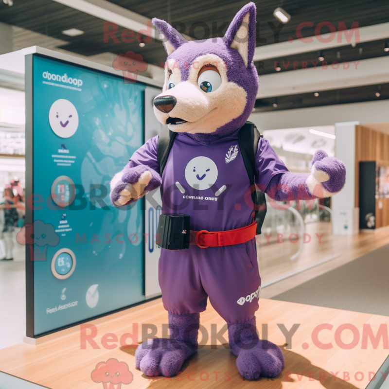 Mascot character of a Purple Dingo dressed with a Board Shorts and Smartwatches Mascot character of a Purple Dingo dressed with a Board Shorts and Smartwatches