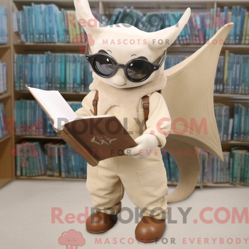 Mascot character of a Beige Manta Ray dressed with a Dungarees and Reading glasses Mascot character of a Beige Manta Ray dressed with a Dungarees and Reading glasses