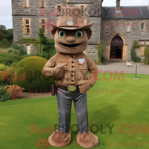 Mascot character of a Brown Irish Castle dressed with a Jeans and Tie pins
