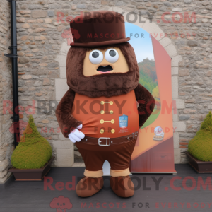 Mascot character of a Brown Irish Castle dressed with a Jeans and Tie pins