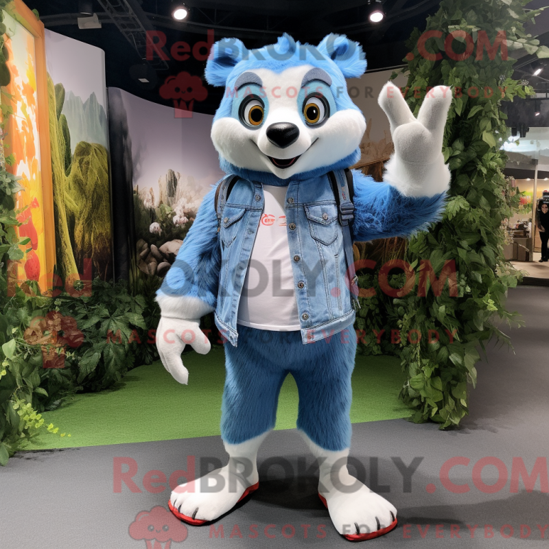 Mascot character of a Sky Blue Badger dressed with a Denim Shorts and Foot pads Mascot character of a Sky Blue Badger dressed with a Denim Shorts and Foot pads