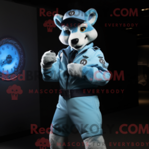 Mascot character of a Sky Blue Thylacosmilus dressed with a Bomber Jacket and Digital watches