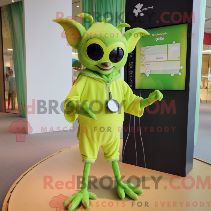 Mascot character of a Lime Green Fruit Bat dressed with a One-Piece Swimsuit and Smartwatches Mascot character of a Lime Green Fruit Bat dressed with a One-Piece Swimsuit and Smartwatches