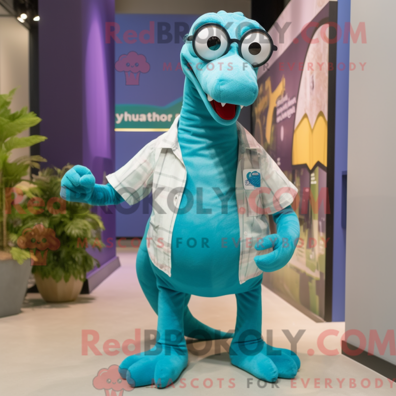 Mascot character of a Teal Diplodocus dressed with a Dress Shirt and Eyeglasses Mascot character of a Teal Diplodocus dressed with a Dress Shirt and Eyeglasses