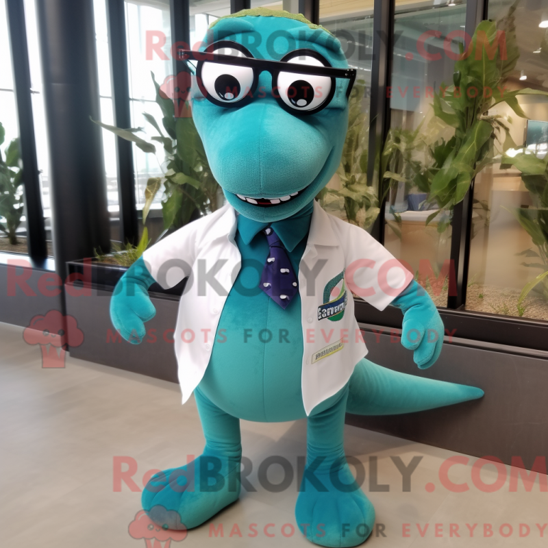 Mascot character of a Teal Diplodocus dressed with a Dress Shirt and Eyeglasses Mascot character of a Teal Diplodocus dressed with a Dress Shirt and Eyeglasses