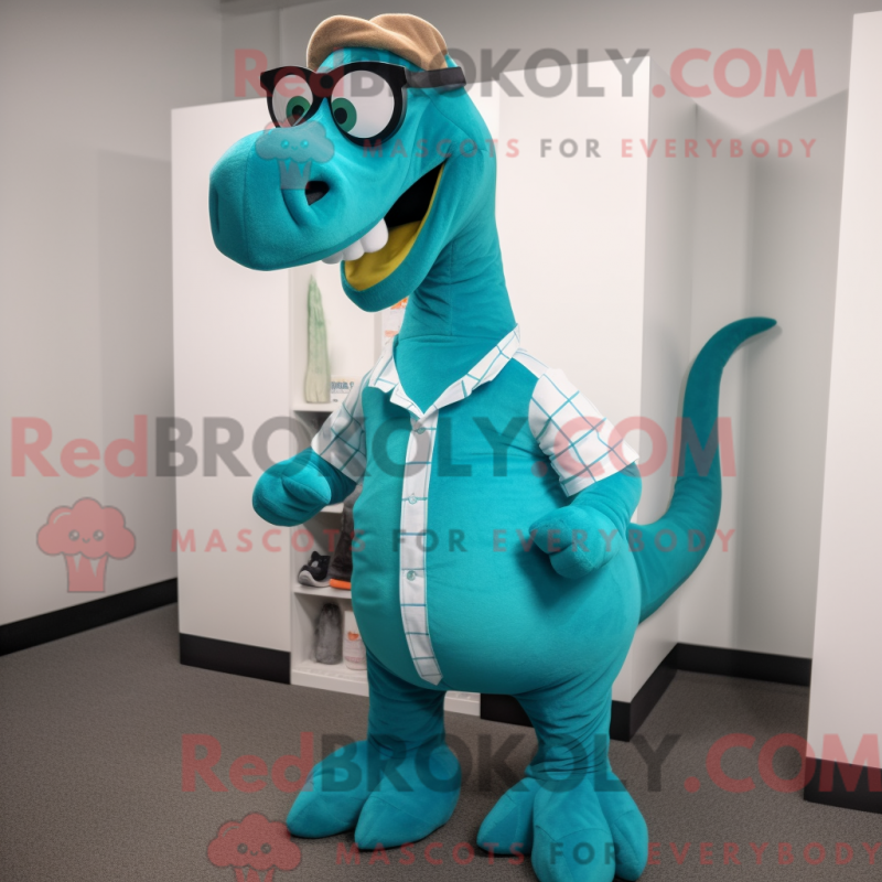 Mascot character of a Teal Diplodocus dressed with a Dress Shirt and Eyeglasses Mascot character of a Teal Diplodocus dressed with a Dress Shirt and Eyeglasses