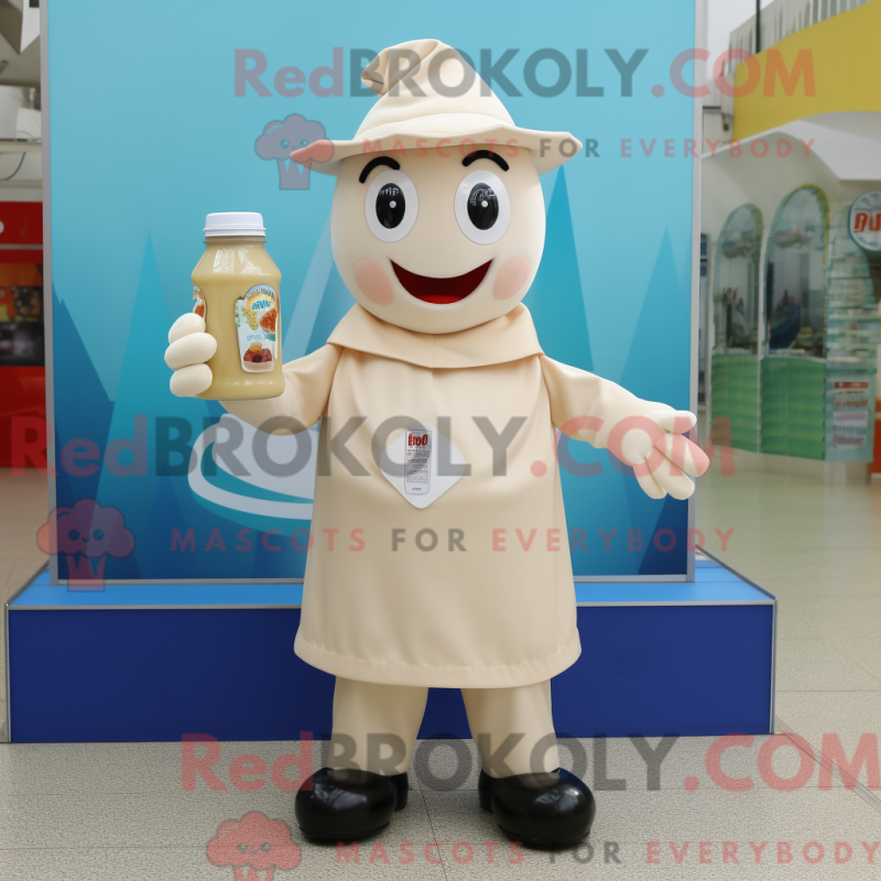 Mascot character of a Beige Bottle Of Milk dressed with a Playsuit and Caps Mascot character of a Beige Bottle Of Milk dressed with a Playsuit and Caps