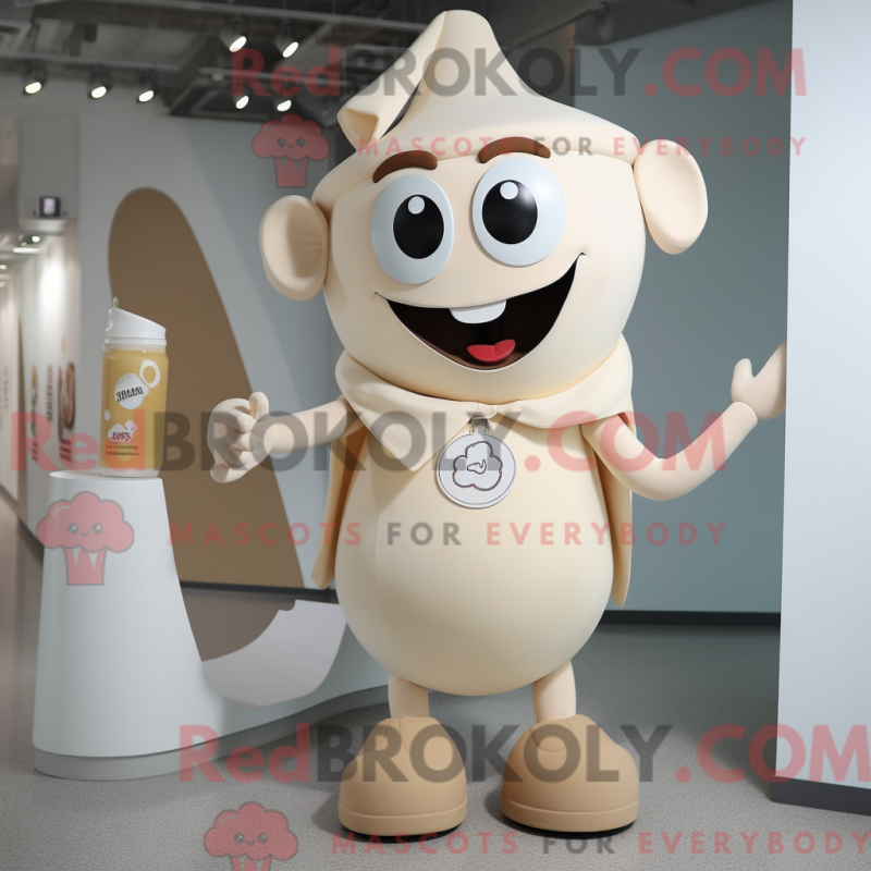Mascot character of a Beige Bottle Of Milk dressed with a Playsuit and Caps Mascot character of a Beige Bottle Of Milk dressed with a Playsuit and Caps