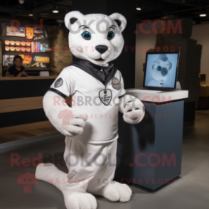 White Panther mascot costume character dressed with a Polo Tee and Gloves