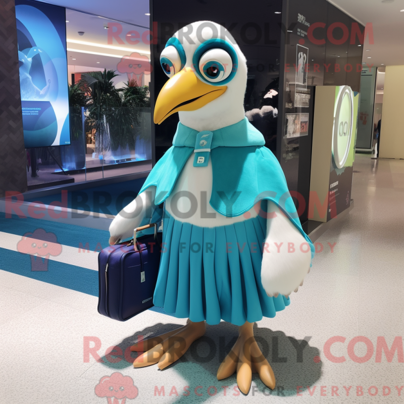 Mascot character of a Cyan Albatross dressed with a Circle Skirt and Messenger bags Mascot character of a Cyan Albatross dressed with a Circle Skirt and Messenger bags