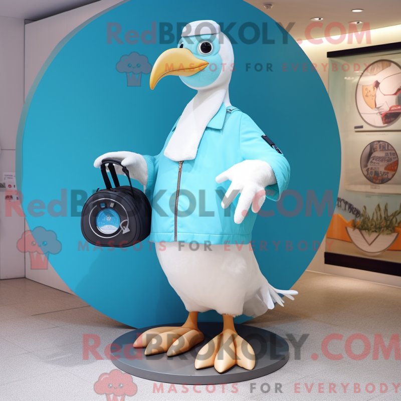 Mascot character of a Cyan Albatross dressed with a Circle Skirt and Messenger bags Mascot character of a Cyan Albatross dressed with a Circle Skirt and Messenger bags