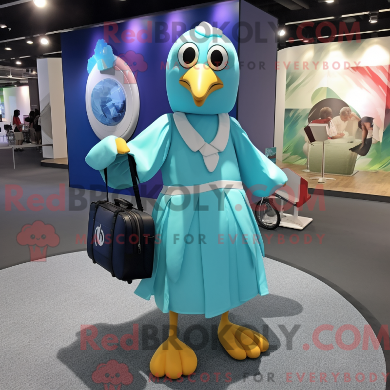Mascot character of a Cyan Albatross dressed with a Circle Skirt and Messenger bags