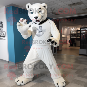 White Panther mascot costume character dressed with a Polo Tee and Gloves