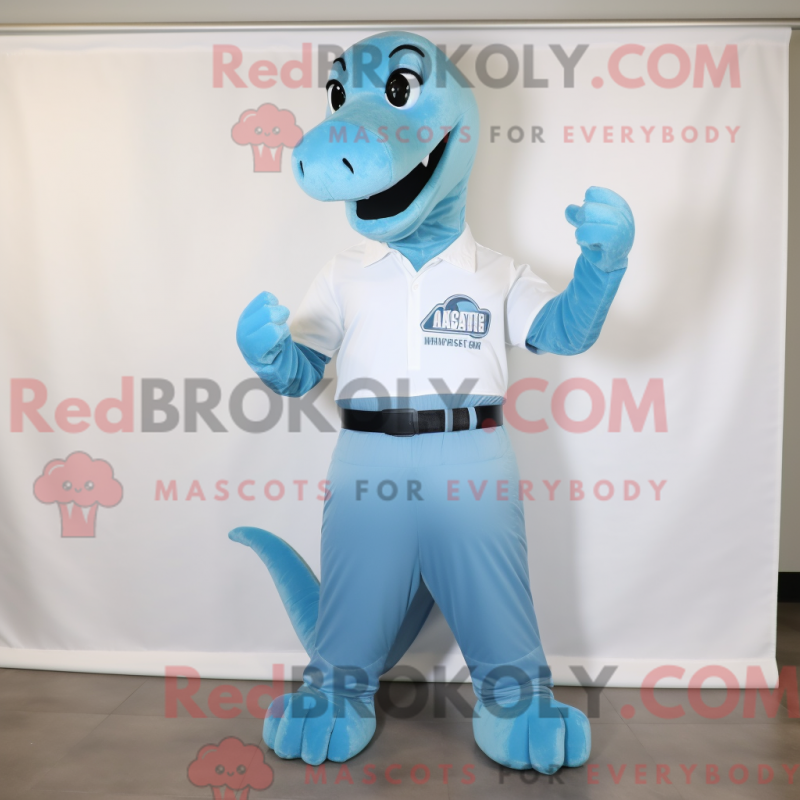 Mascot character of a Sky Blue Brachiosaurus dressed with a Button-Up Shirt and Gloves Mascot character of a Sky Blue Brachiosaurus dressed with a Button-Up Shirt and Gloves