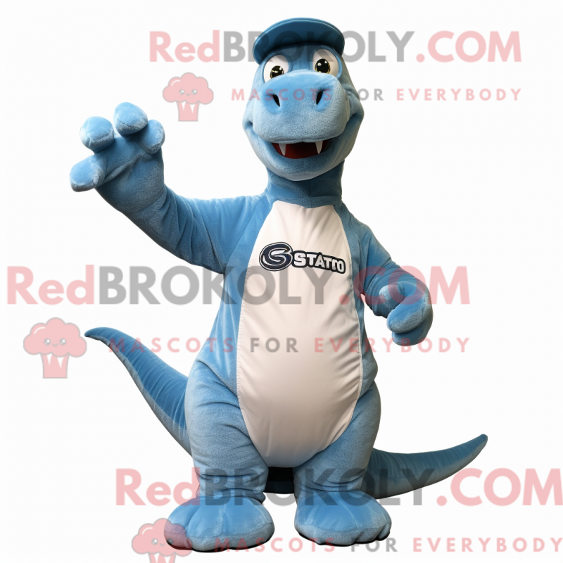 Mascot character of a Sky Blue Brachiosaurus dressed with a Button-Up Shirt and Gloves Mascot character of a Sky Blue Brachiosaurus dressed with a Button-Up Shirt and Gloves