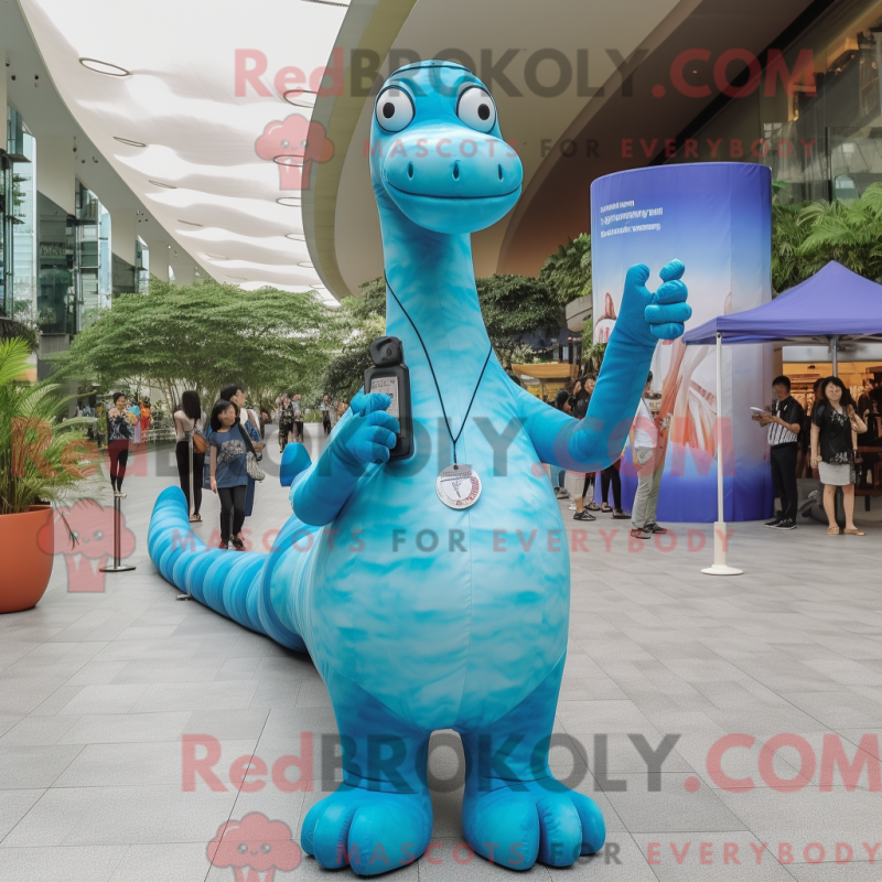 Mascot character of a Sky Blue Brachiosaurus dressed with a Button-Up Shirt and Gloves Mascot character of a Sky Blue Brachiosaurus dressed with a Button-Up Shirt and Gloves