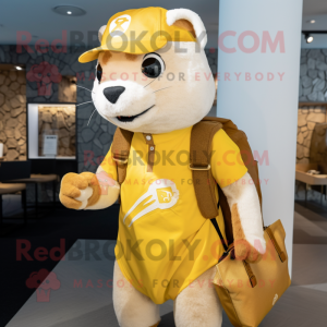 Gold Ermine mascot costume character dressed with a Graphic Tee and Messenger bags