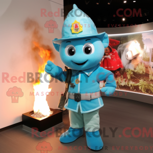 Mascot character of a Cyan Fire Fighter dressed with a Jeans and Shawl pins