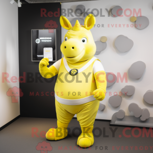 Mascot character of a Lemon Yellow Rhinoceros dressed with a Leggings and Smartwatches