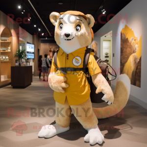 Gold Ermine mascot costume character dressed with a Graphic Tee and Messenger bags