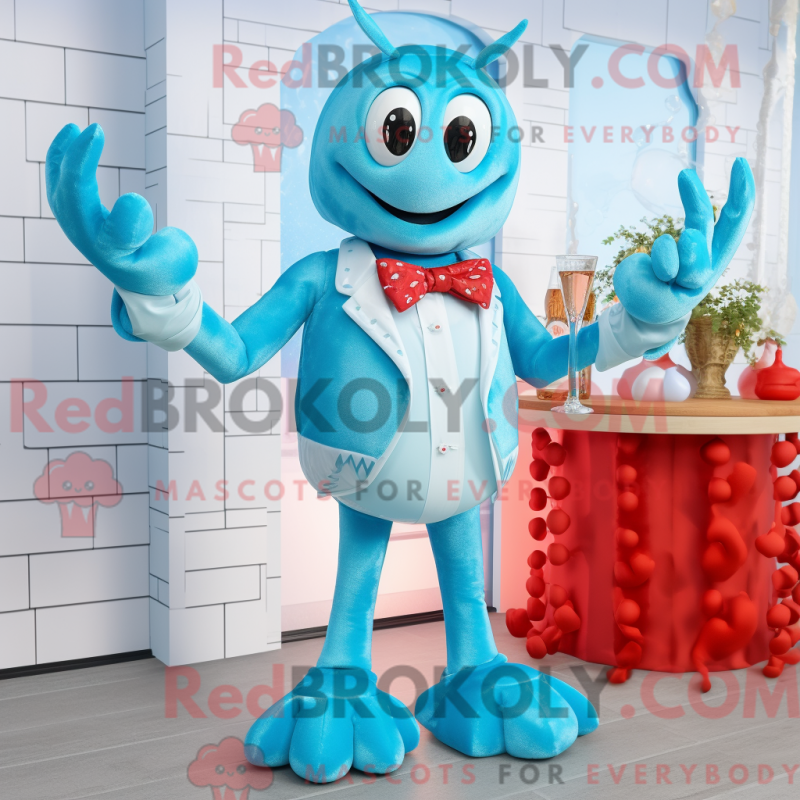 Mascot character of a Sky Blue Lobster dressed with a Cocktail Dress and Bow ties