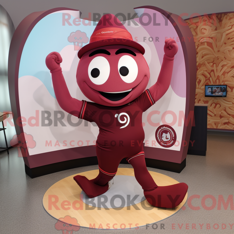 Mascot character of a Maroon Contortionist dressed with a Yoga Pants and Messenger bags