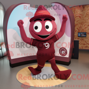 Mascot character of a Maroon Contortionist dressed with a Yoga Pants and Messenger bags