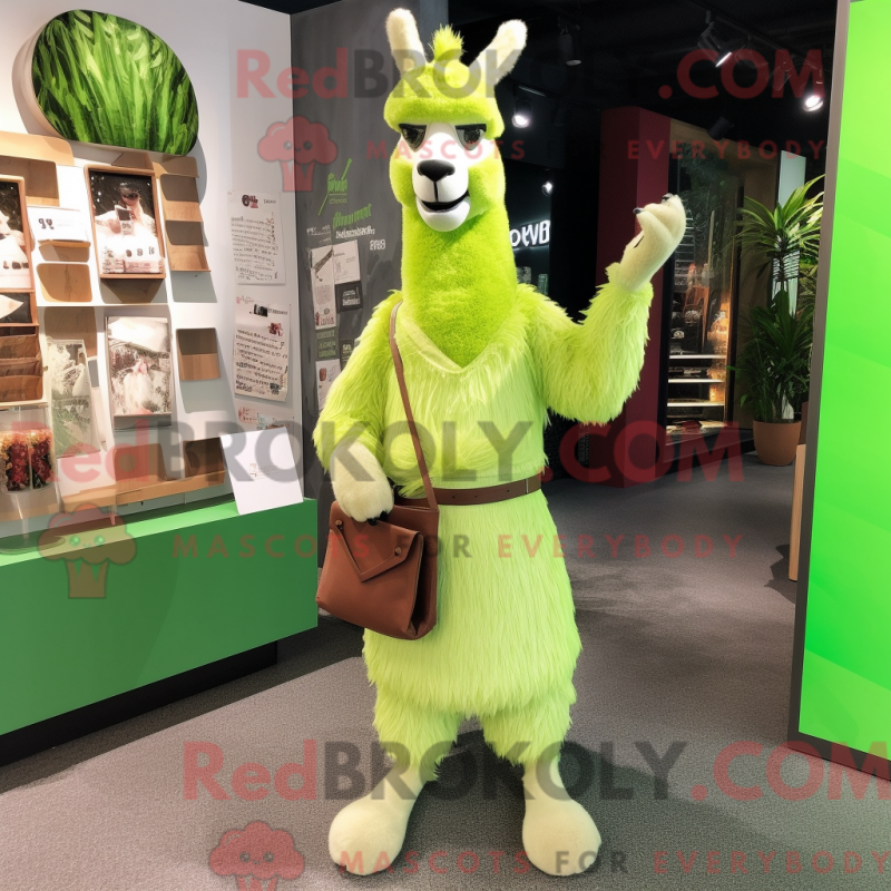 Mascot character of a Lime Green Llama dressed with a Dress Pants and Clutch bags Mascot character of a Lime Green Llama dressed with a Dress Pants and Clutch bags