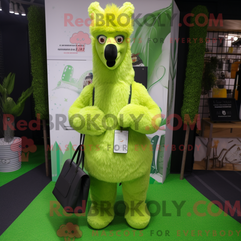 Mascot character of a Lime Green Llama dressed with a Dress Pants and Clutch bags Mascot character of a Lime Green Llama dressed with a Dress Pants and Clutch bags