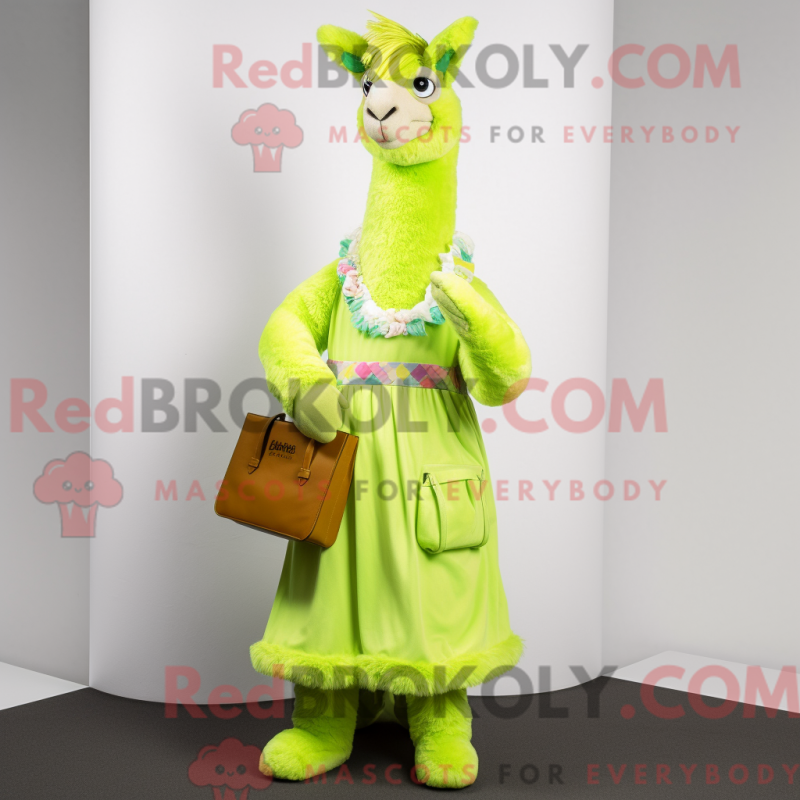 Mascot character of a Lime Green Llama dressed with a Dress Pants and Clutch bags Mascot character of a Lime Green Llama dressed with a Dress Pants and Clutch bags