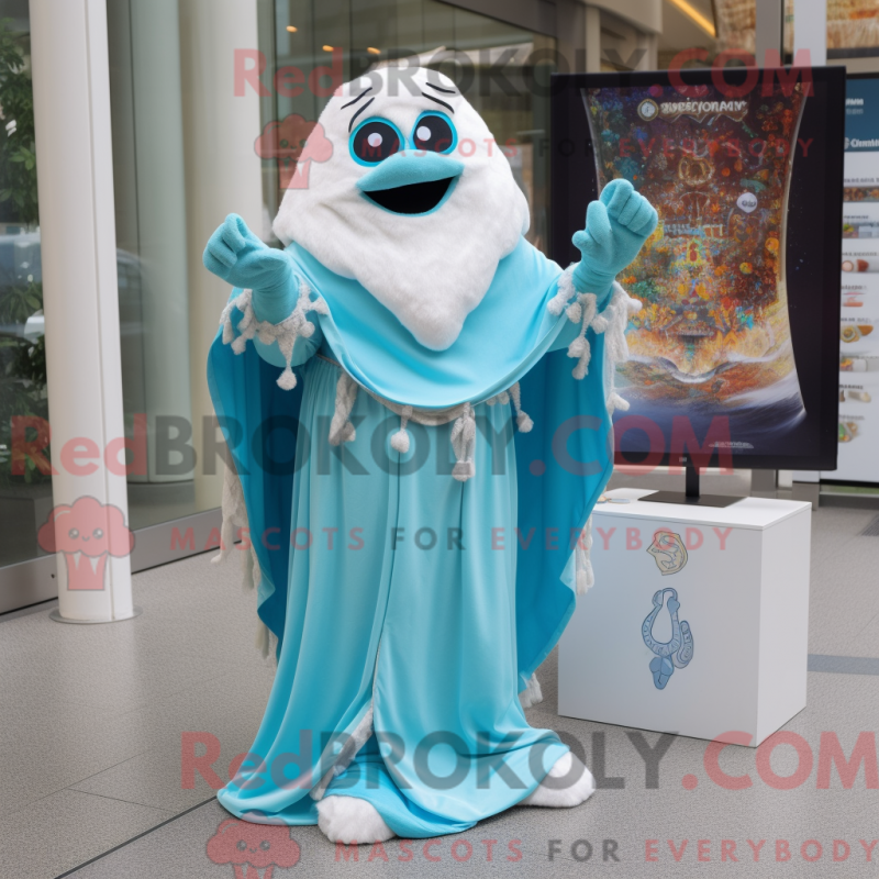 Mascot character of a Turquoise Wizard dressed with a Wedding Dress and Shawl pins