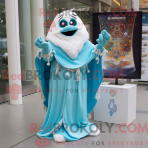 Mascot character of a Turquoise Wizard dressed with a Wedding Dress and Shawl pins