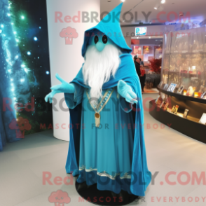Mascot character of a Turquoise Wizard dressed with a Wedding Dress and Shawl pins