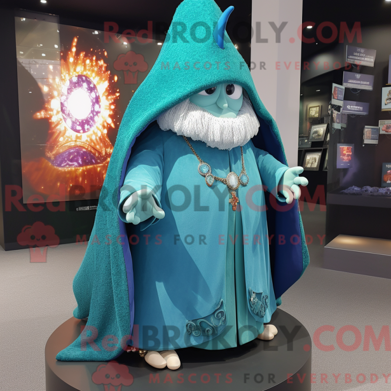 Mascot character of a Turquoise Wizard dressed with a Wedding Dress and Shawl pins
