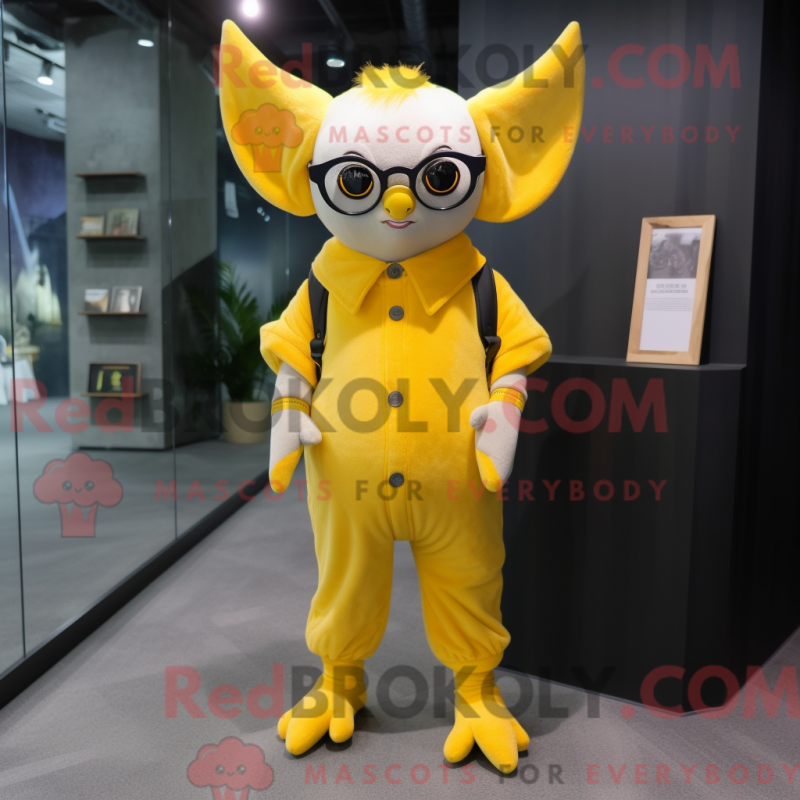 Mascot character of a Lemon Yellow Bat dressed with a Jumpsuit and Eyeglasses Mascot character of a Lemon Yellow Bat dressed with a Jumpsuit and Eyeglasses
