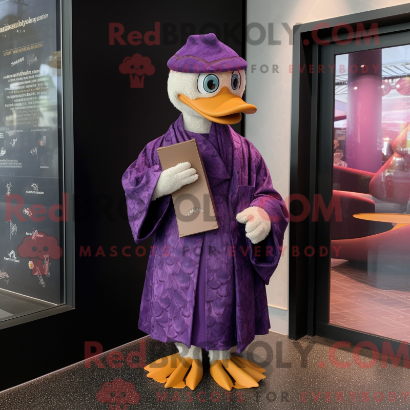 Mascot character of a Purple Muscovy Duck dressed with a Wrap Dress and Wallets Mascot character of a Purple Muscovy Duck dressed with a Wrap Dress and Wallets