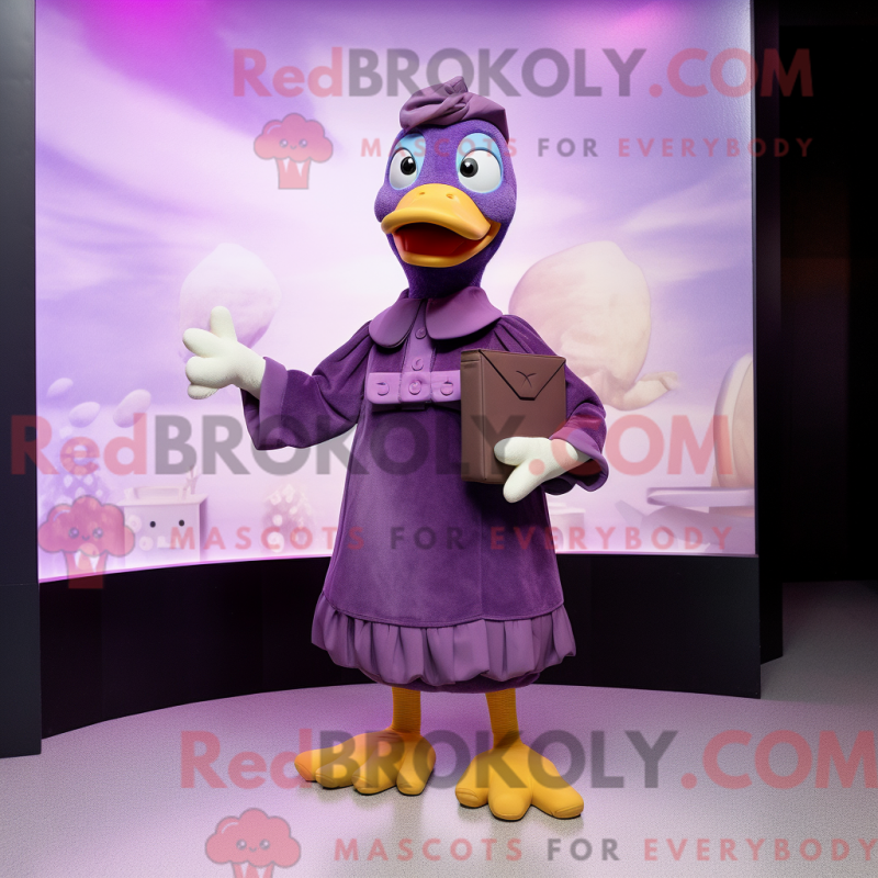Mascot character of a Purple Muscovy Duck dressed with a Wrap Dress and Wallets Mascot character of a Purple Muscovy Duck dressed with a Wrap Dress and Wallets