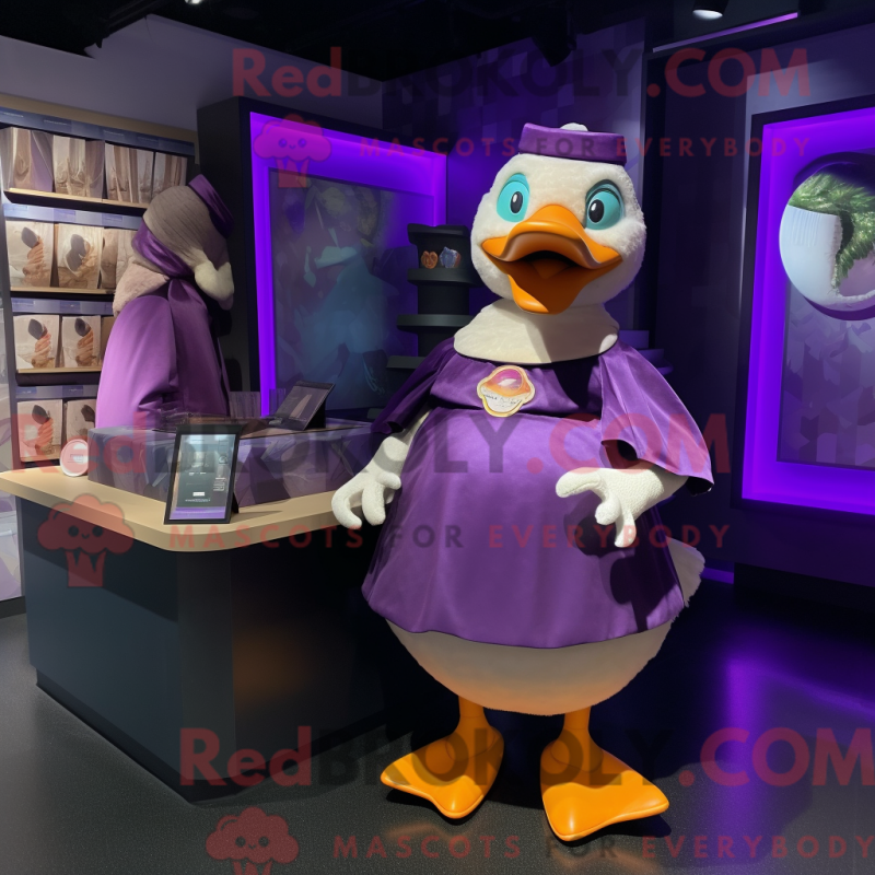 Mascot character of a Purple Muscovy Duck dressed with a Wrap Dress and Wallets Mascot character of a Purple Muscovy Duck dressed with a Wrap Dress and Wallets