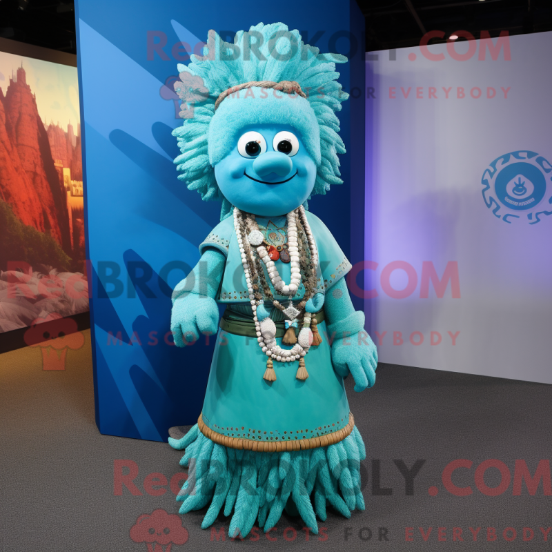 Mascot character of a Cyan Chief dressed with a A-Line Dress and Necklaces Mascot character of a Cyan Chief dressed with a A-Line Dress and Necklaces