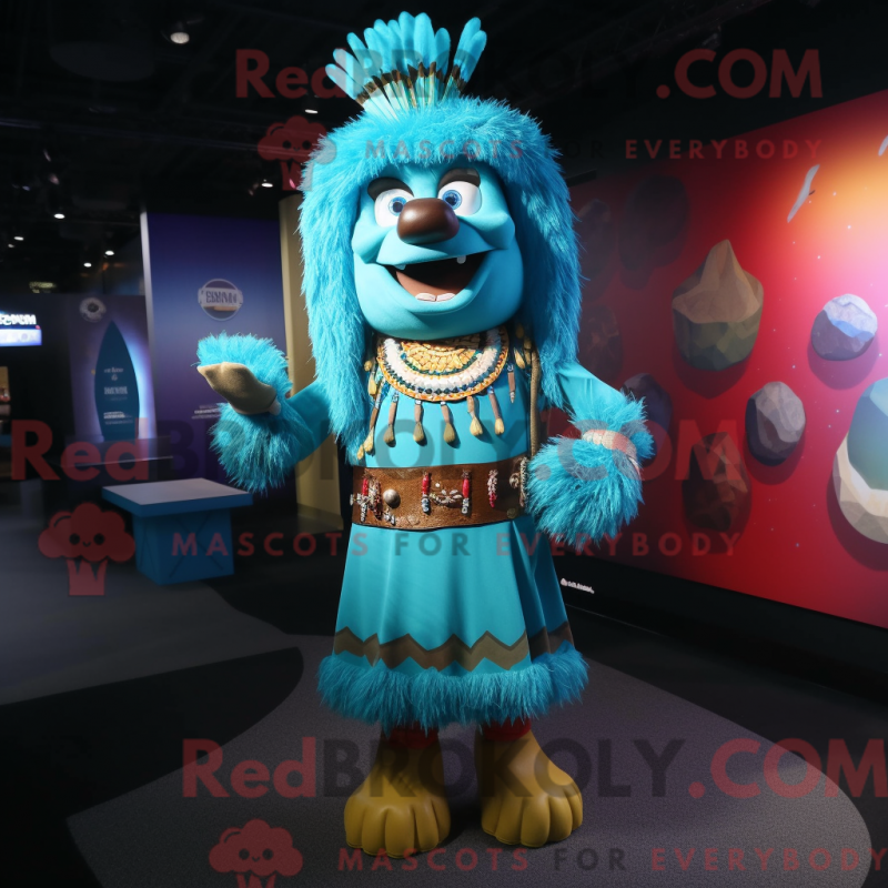 Mascot character of a Cyan Chief dressed with a A-Line Dress and Necklaces Mascot character of a Cyan Chief dressed with a A-Line Dress and Necklaces