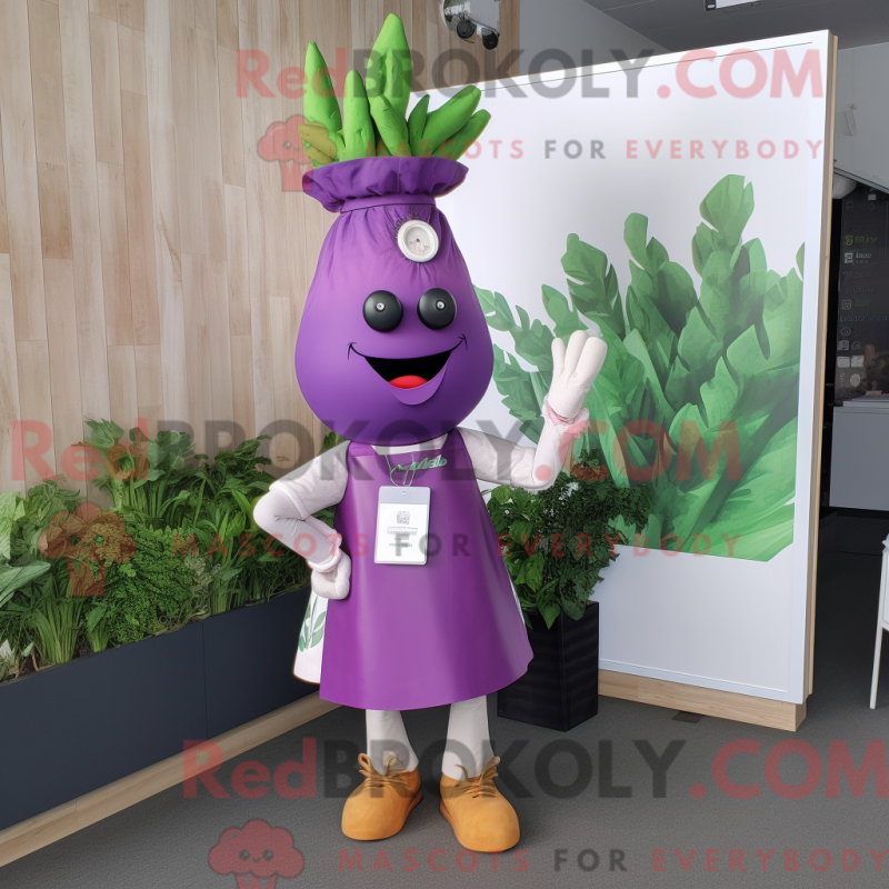 Mascot character of a Lavender Beet dressed with a Maxi Dress and Digital watches Mascot character of a Lavender Beet dressed with a Maxi Dress and Digital watches