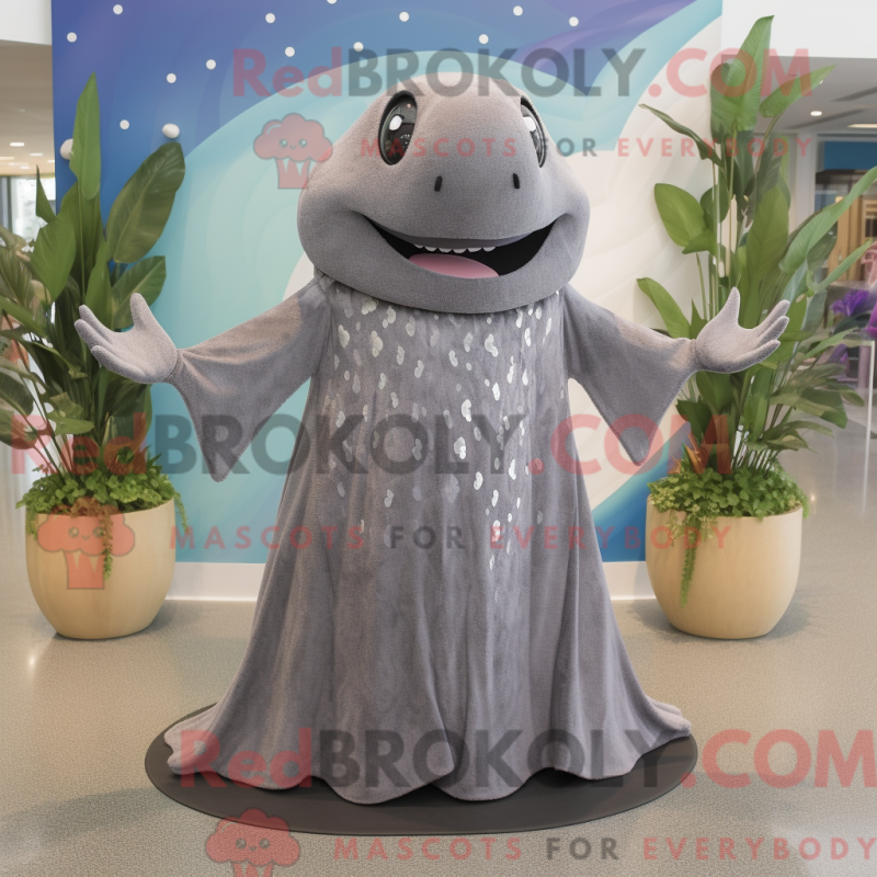Mascot character of a Gray Stingray dressed with a Maxi Dress and Tie pins Mascot character of a Gray Stingray dressed with a Maxi Dress and Tie pins