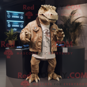 Mascot character of a Beige Iguanodon dressed with a Bomber Jacket and Digital watches